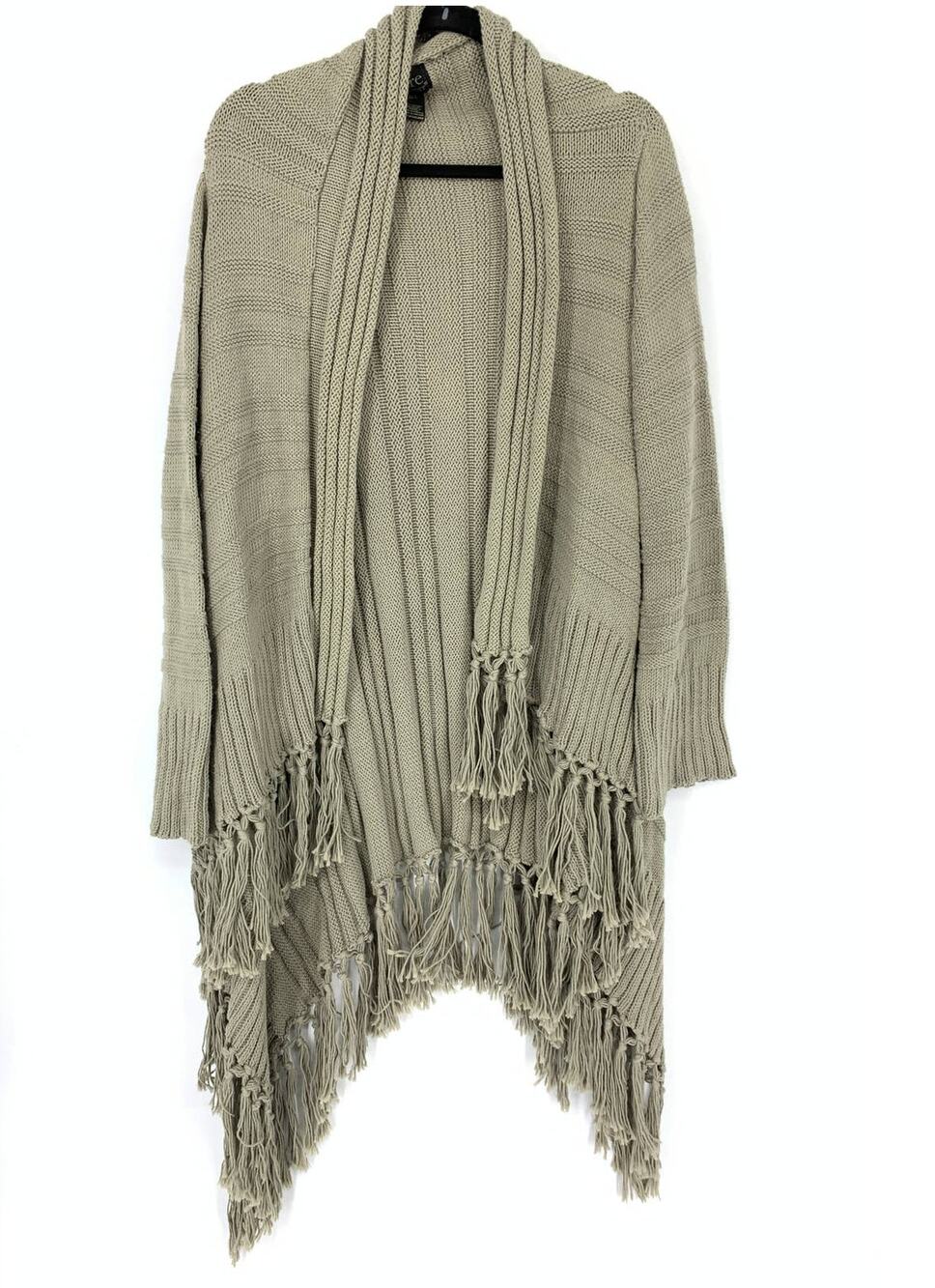 Pure Handknit Sweater Women's Size M/L Open Front Fringe Cardigan High-Low Taupe